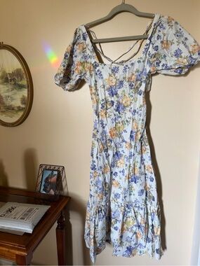 Floral Puff-Sleeve Midi Dress - White with Blue & Yellow Floral